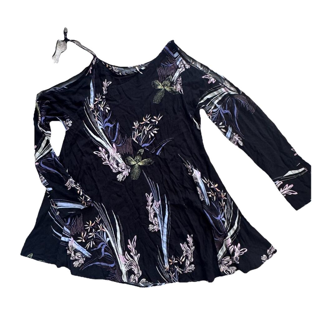 Free People Floral Black Tunic Dress Cold Shoulder Ties S Boho
